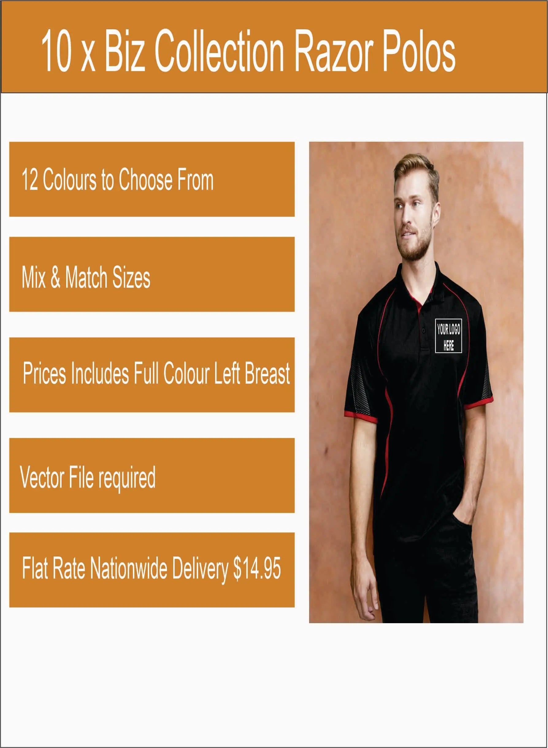 10 x Biz Collection Printed Razor Polos Printed Packs